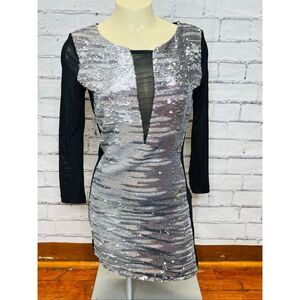 Bebe Addiction Womens Black Silver Sequins Mesh 3/4 Sleeve Bodycon Dress Medium